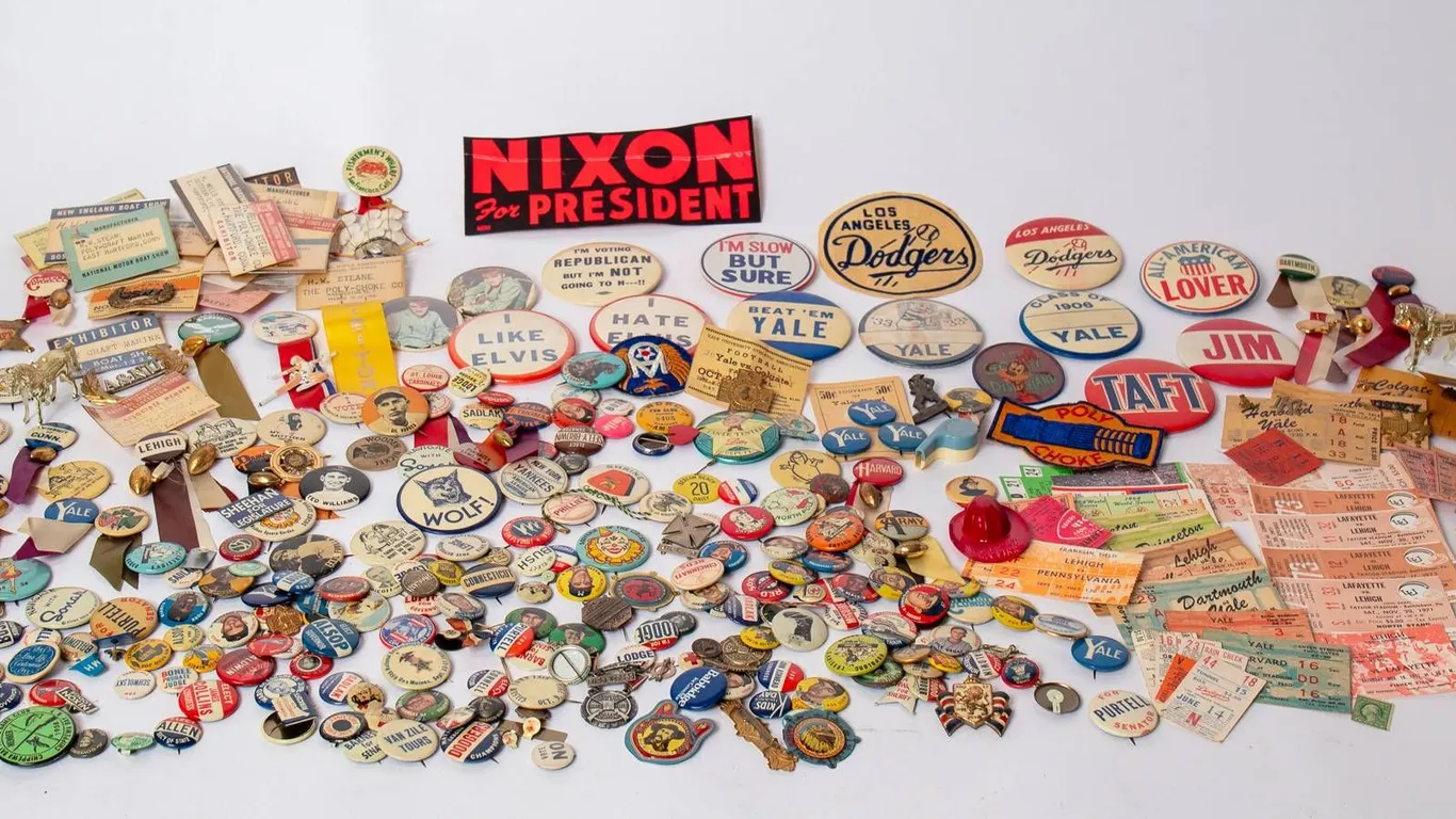 POLITICAL, COLLEGIATE, AND SPORTS BUTTONS WITH EPHEMERA.