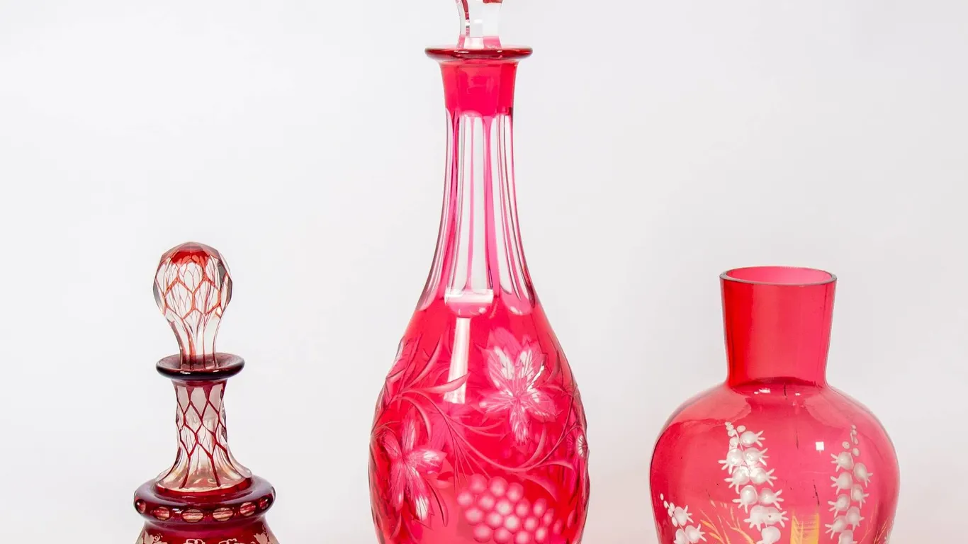 CRANBERRY CUT TO CLEAR GLASS ITEMS 12" H.