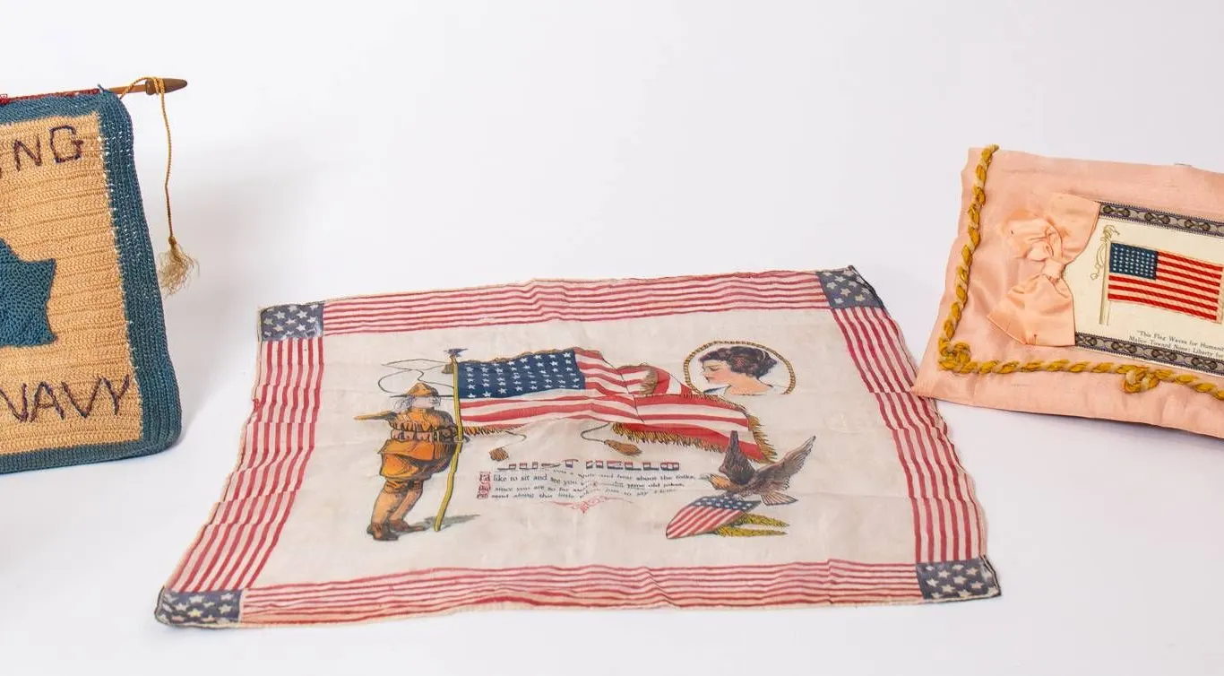 WWI SWEETHEART HANKERCHIEF WITH NAVY BANNER AND REMEMBER ME PILLOW.