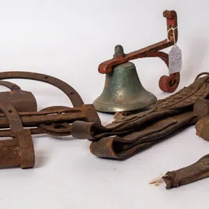CAST IRON BARN DOOR ROLLERS AND HANGERS, BRONZE BELL, LEATHER HARNESS PARTS.