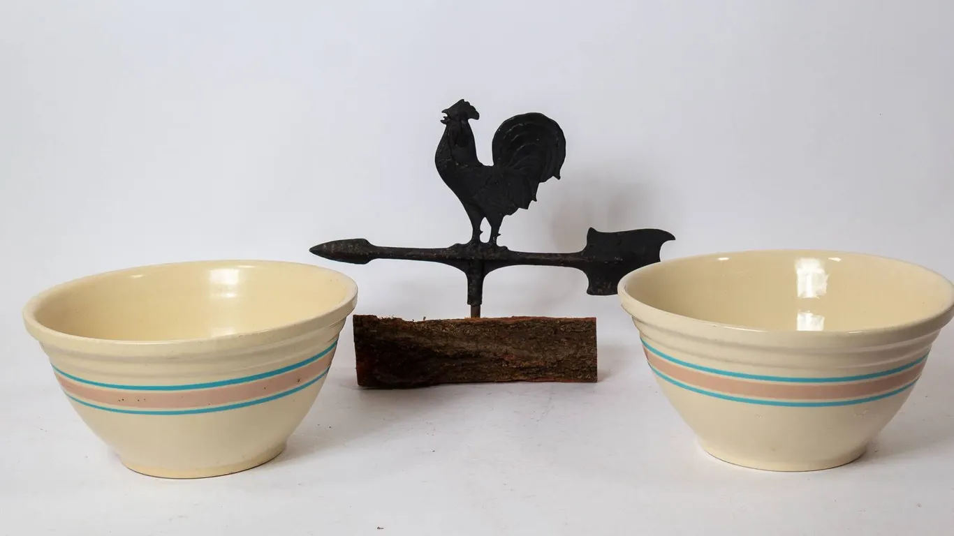 BLACK METAL ROOSTER WEATHERVANE AND TWO MCCOY MIXING BOWLS.