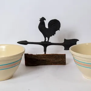 BLACK METAL ROOSTER WEATHERVANE AND TWO MCCOY MIXING BOWLS.