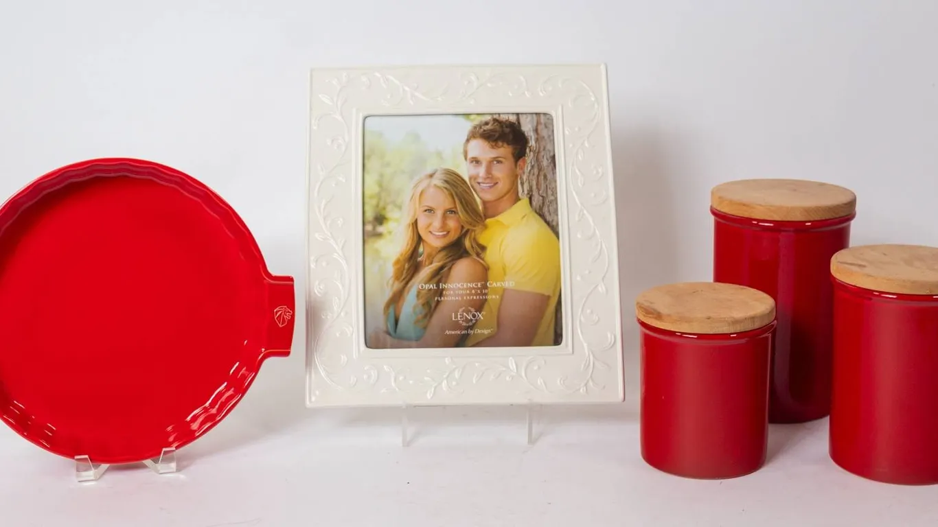 CHANTAL RED CANISTERS, LENOX FRAME, PEUGEOT RED PIE PLATE.