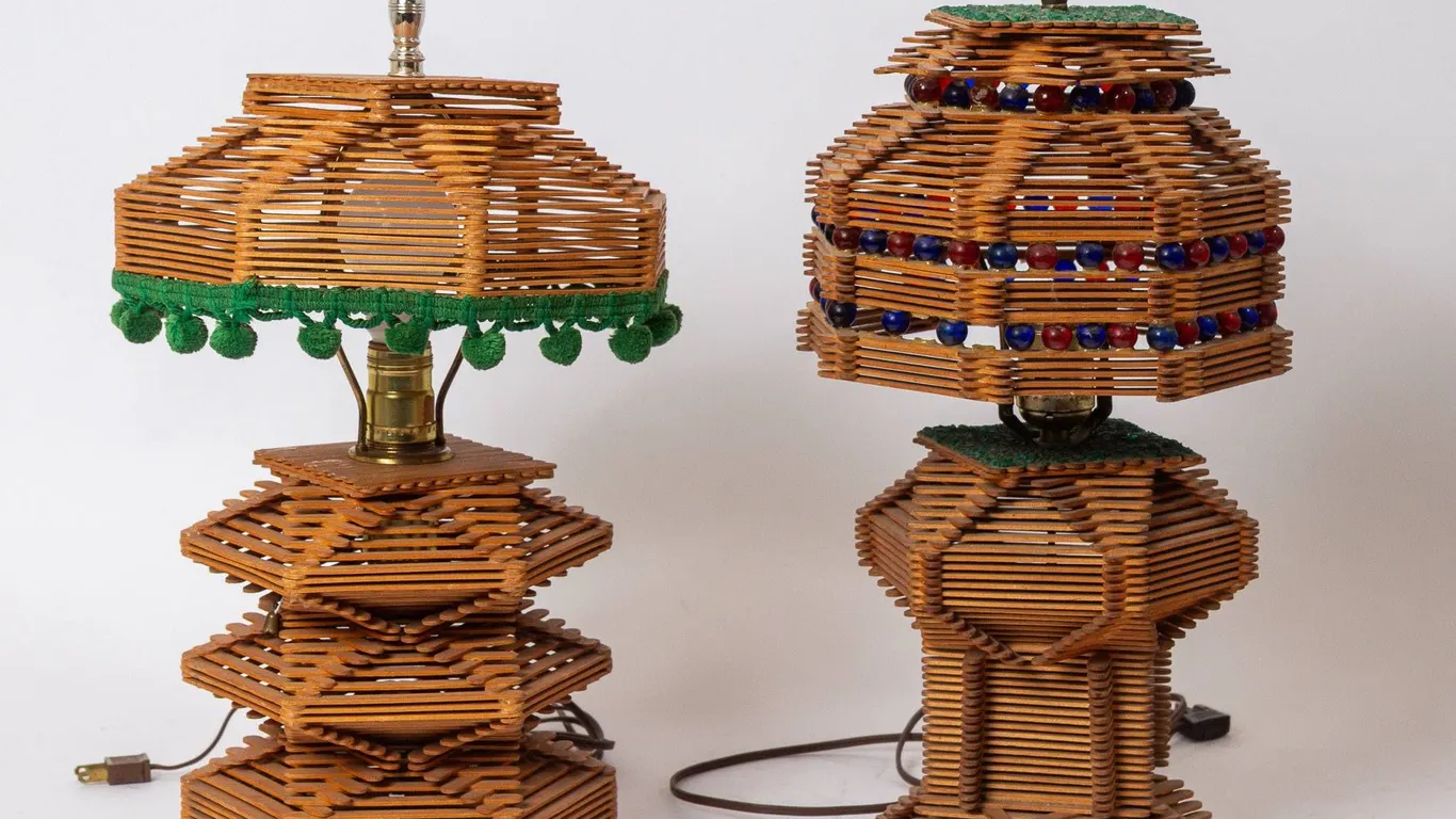 TWO POPSICLE STICK LAMPS WITH DECORATIVE SHADES.