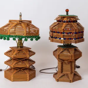 TWO POPSICLE STICK LAMPS WITH DECORATIVE SHADES.