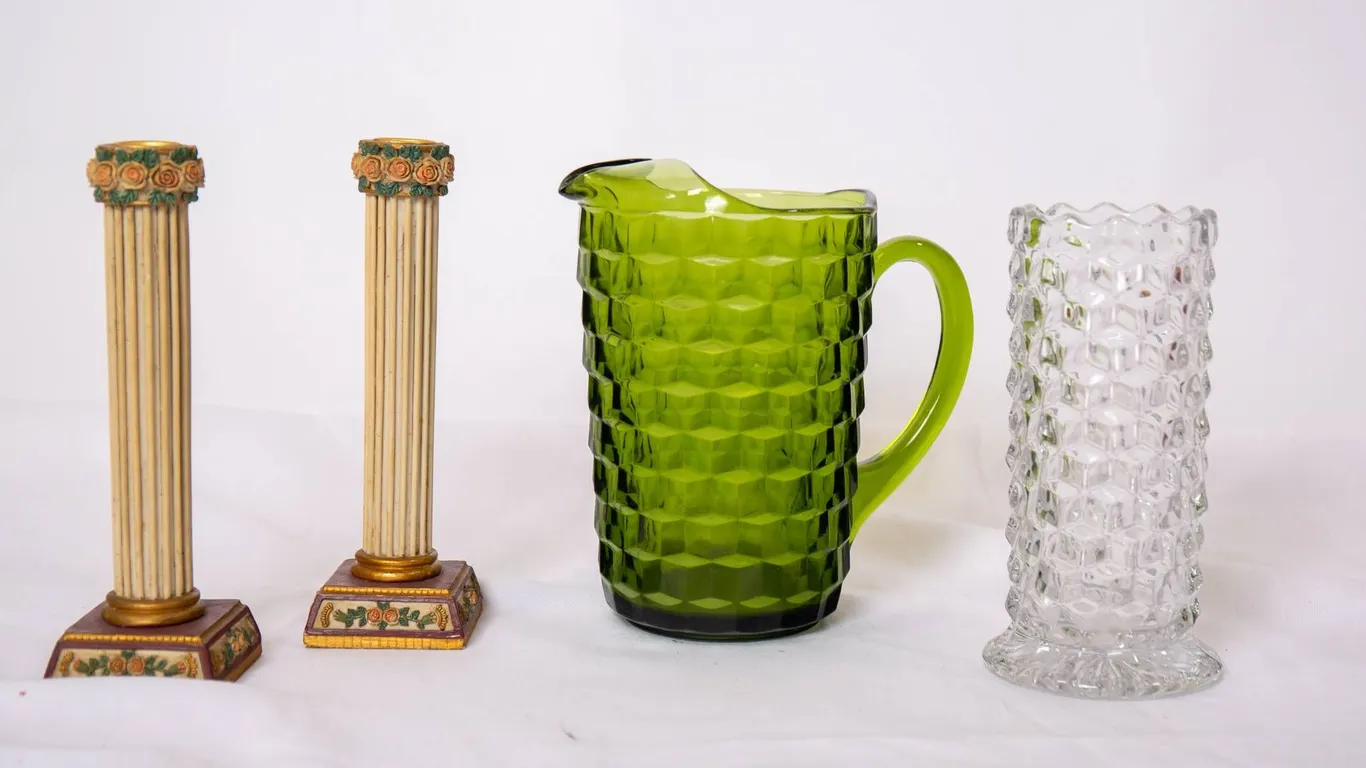 MCM CUBIST AVOCADO PITCHER, FOSTORIA VASE, PAIR OF CANDLESTICK HOLDERS.