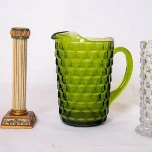 MCM CUBIST AVOCADO PITCHER, FOSTORIA VASE, PAIR OF CANDLESTICK HOLDERS.