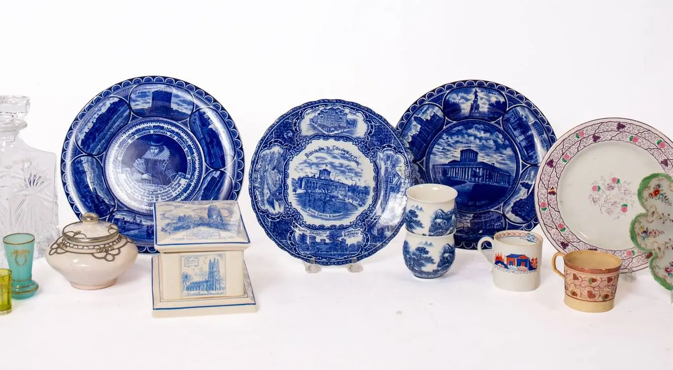COPELAND SPODE, TEA CUPS, CRYSTAL DECANTER, FROSTED GLASS, AND SOUVENIR PLATES.