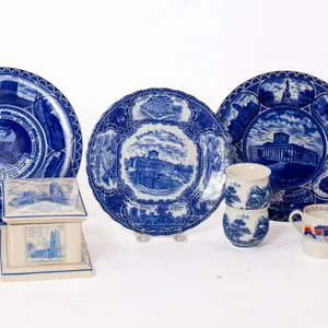 COPELAND SPODE, TEA CUPS, CRYSTAL DECANTER, FROSTED GLASS, AND SOUVENIR PLATES.