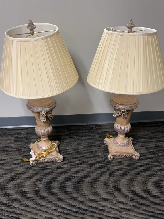 Carved Wood Table Lamps with Pleated Shades