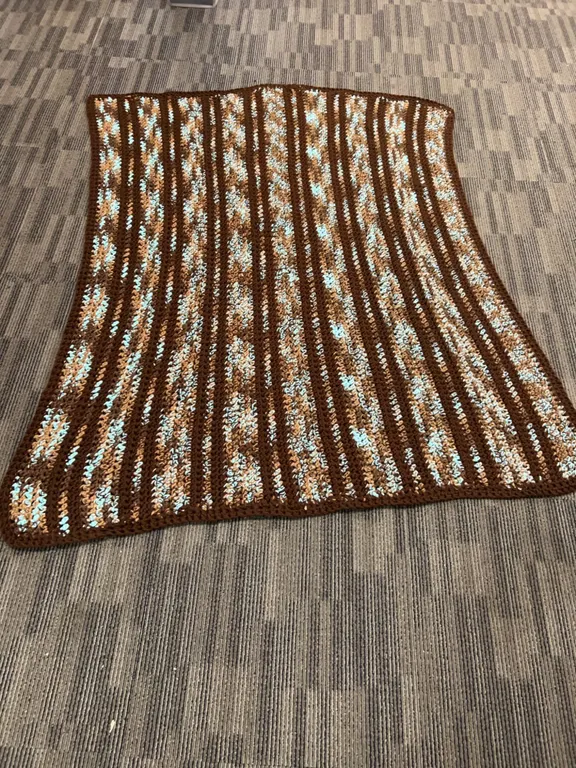 Crocheted Afghan Blanket in Brown, Blue, and Taupe Yarns