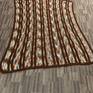 Crocheted Afghan Blanket in Brown, Blue, and Taupe Yarns