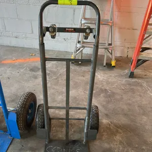 Franklin 2-in-1 convertible hand truck. Features steel tubular frame convertible between 2-wheel upright and 4-wheel platform configurations, two pneu