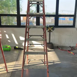 Louisville 8' fiberglass stepladder. Features orange fiberglass rails, aluminum steps, metal top cap, and folding spreader braces. 8'H.