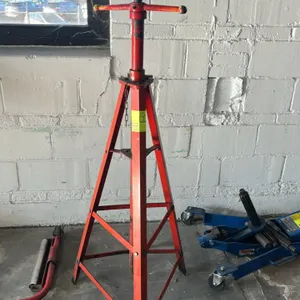 2-ton tripod under-hoist support stand. Features red steel tripod base construction, pin-adjustable column with chained locking pin, and acme threaded