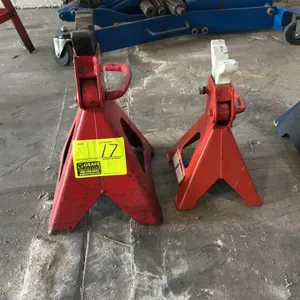 3-ton steel ratchet jack stands. Features steel construction, ratchet-style height adjustment, and wide pyramid bases. Finished in red. Note: Stands a