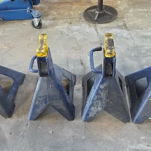 Hein-Werner 6-ton jack stands. Features ratcheting height adjustment, wide steel bases, cast support columns, and release handles. 12,000 lb capacity.