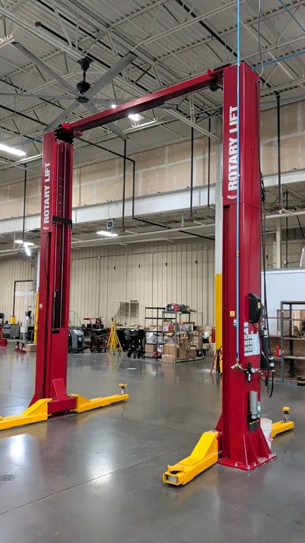 Rotary Lift SP016N1T0 two-post vehicle lift. Features 16,000 lb capacity, overhead configuration, swing arms with adjustable lift pads, hydraulic powe