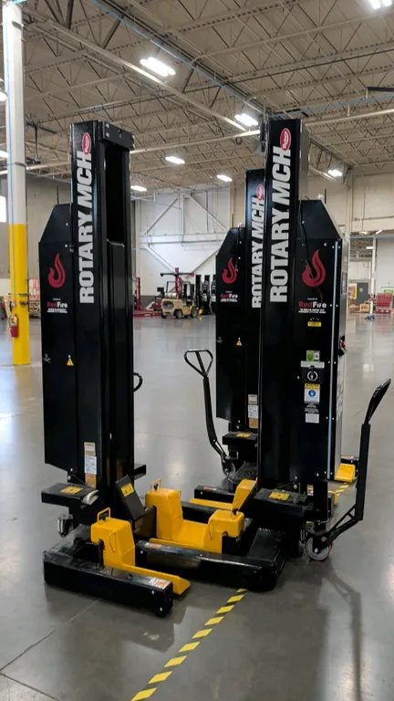 Rotary MCH FlexMax mobile column lifts. Includes models MCHM419U100 (18,800 lb capacity, S/N: HDW25B0092) and MCHM414U100 (14,000 lb capacity, S/N: HD
