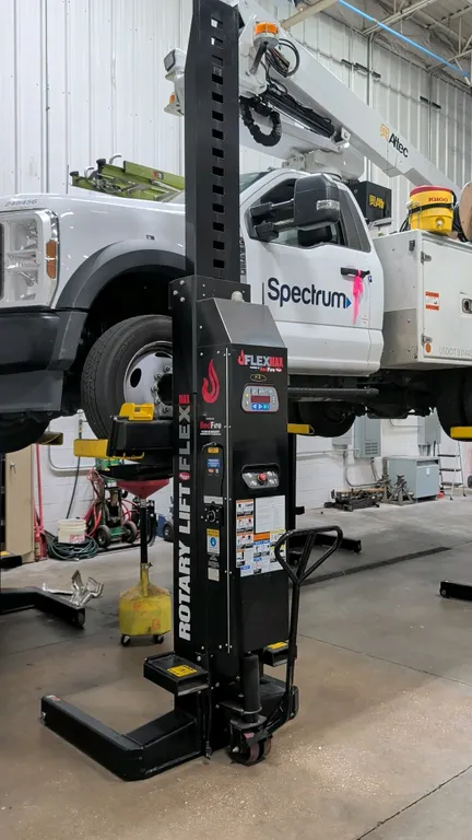 Rotary Lift Flex Max MCHM414U100 mobile column lifts. Features RedFire technology, adjustable wheel forks, digital control panel, emergency stop switc
