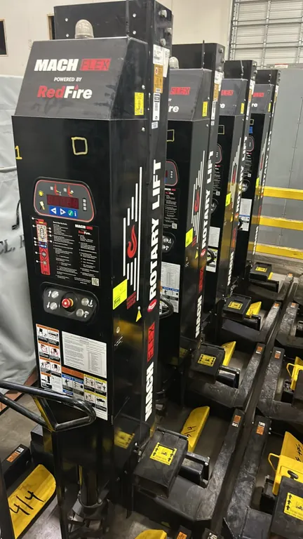 Rotary Lift Mach Flex MCHF414U1A00 mobile lifting columns. Features RedFire control system with digital display, push-button controls, adjustable whee