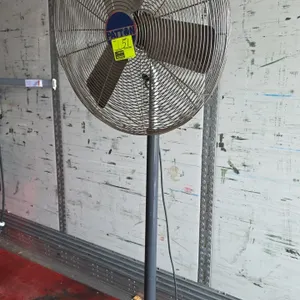 Patton 1010 MP industrial pedestal fan. Features a 3-blade propeller and wire safety cage. S/N: 4503660. Electrical: 120V, 60 Hz, 3.0A, 350W. Mounted 