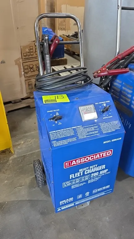 Associated 6006AGM heavy-duty battery fleet charger. Features 6V (70A), 12V (65A), and 24V (30A) charging with 280A 12V engine start, analog ammeter,