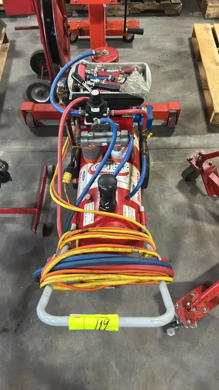 G-TEC heated cooler transmission line flusher with Rotunda General Service Equipment badging. Features heated fluid tank, dual spin-on filter assembly