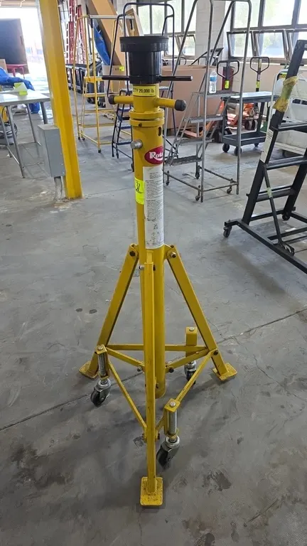 Rotary RS20S portable support stand. Features 20,000 lb capacity, pin-style height adjustment, threaded fine-adjustment screw pad, and spring-loaded s