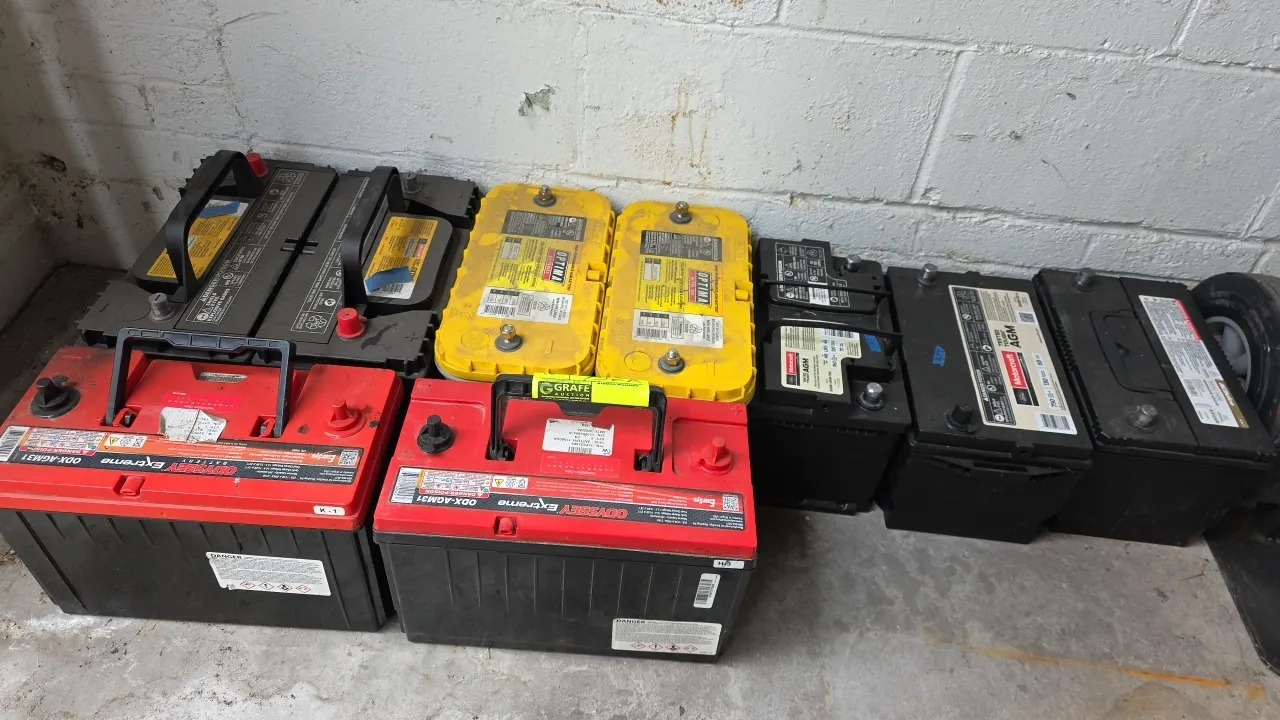Assorted vehicle batteries. Includes (2) Odyssey Extreme ODX-AGM31 12V AGM batteries, (2) Optima YellowTop D31T-1125 AGM batteries, (1) ACDelco 65GHR