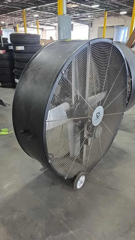 2022 Strongway 4742845 48" belt drive drum fan. Features a 4-blade design, 2-speed operation (High/Low), integrated side handles, and cord wrap. S/N: