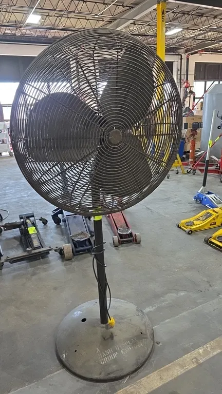 Emerson CSG303M-5 industrial pedestal shop fan. Features a 3-blade design and wire safety cage. 36". Electrical: 120V, 60 Hz, 1-Phase, 3.1A, 1/4 HP, 1