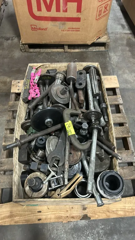 Assorted machine tooling and hardware lot. Includes splined shafts, threaded rods, pulleys, disks, collets, and chuck parts. Also features C-clamps, w