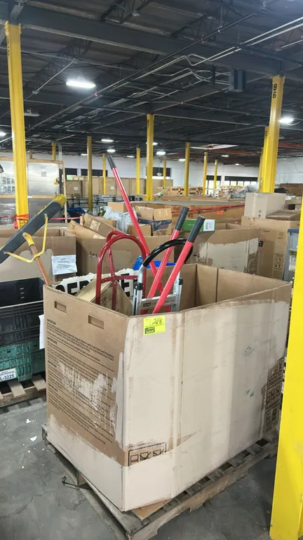 Warehouse and maintenance equipment assortment. Includes (2) 2-wheel hand trucks (including Uline), MYCHANIC rolling mechanic stool, push broom, floor