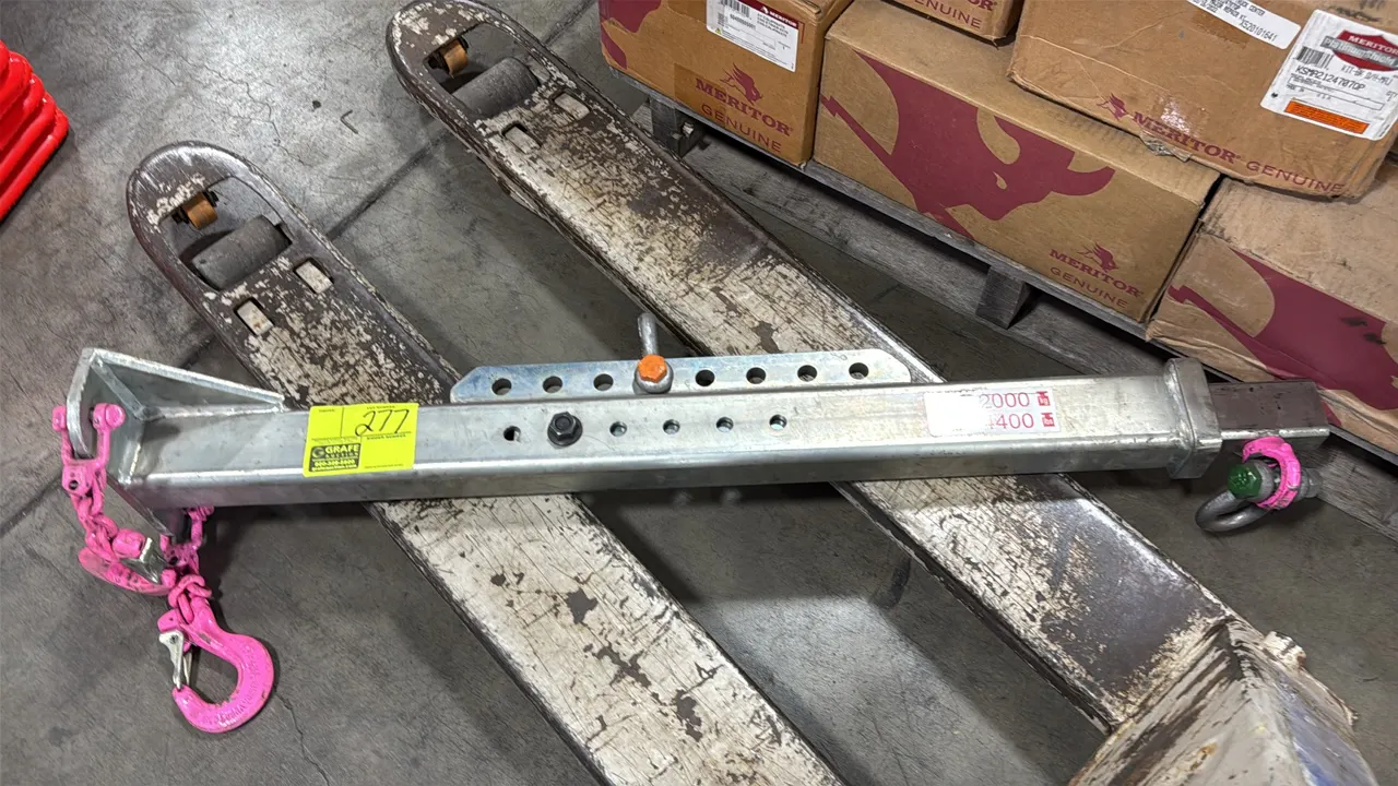Bolt-on dead lift bar. Features galvanized steel construction, adjustable multi-hole positioning bracket, top lifting eye, chain with latching safety