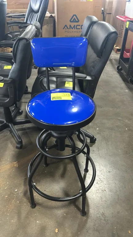 Pittsburgh adjustable shop stool with backrest. Features blue vinyl padded swivel seat and backrest, height adjustment lever, and dual circular footre