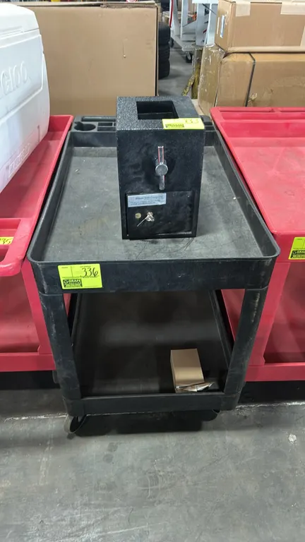Poly 2-tier utility cart. Features upper shelf with integrated organizer compartments and lower shelf. 44"L. Mounted on casters. Includes Wilson Safe
