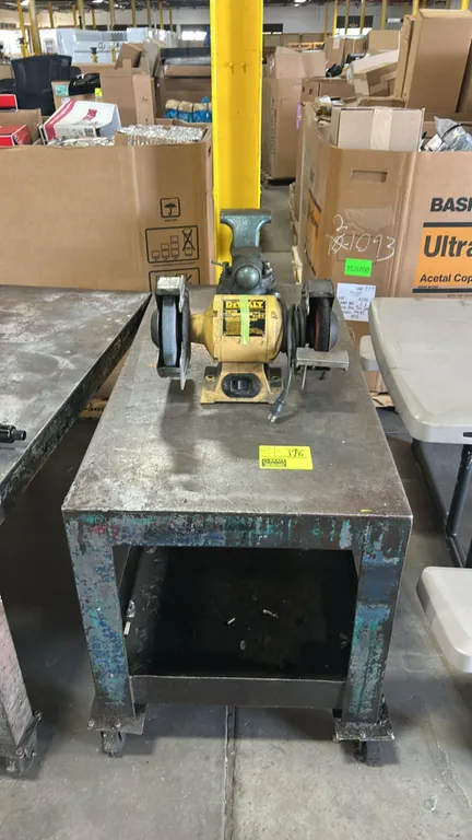 Metal 2-tier mobile cart with DeWalt DW758 8" bench grinder and bench vise. Features welded steel construction, lower utility shelf, mounted heavy-dut
