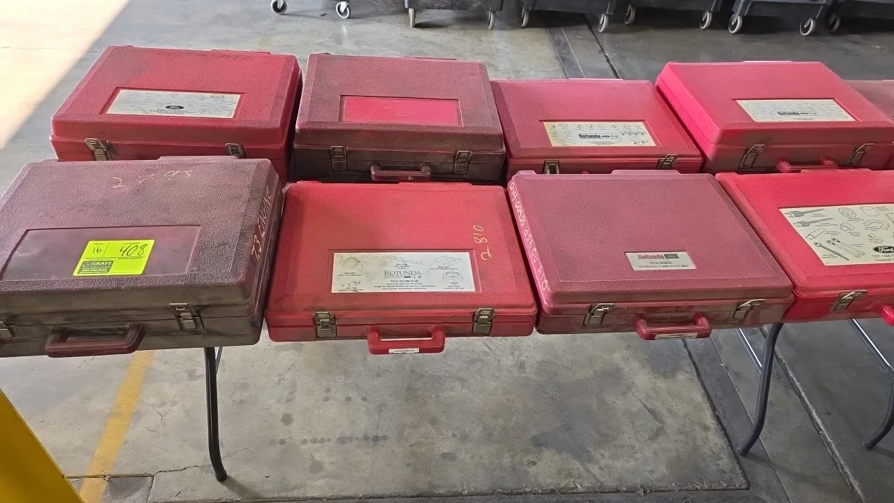 Ford Rotunda essential special service tool sets. Assorted automotive service and diagnostic tool kits housed in red blow-molded carry cases. Includes
