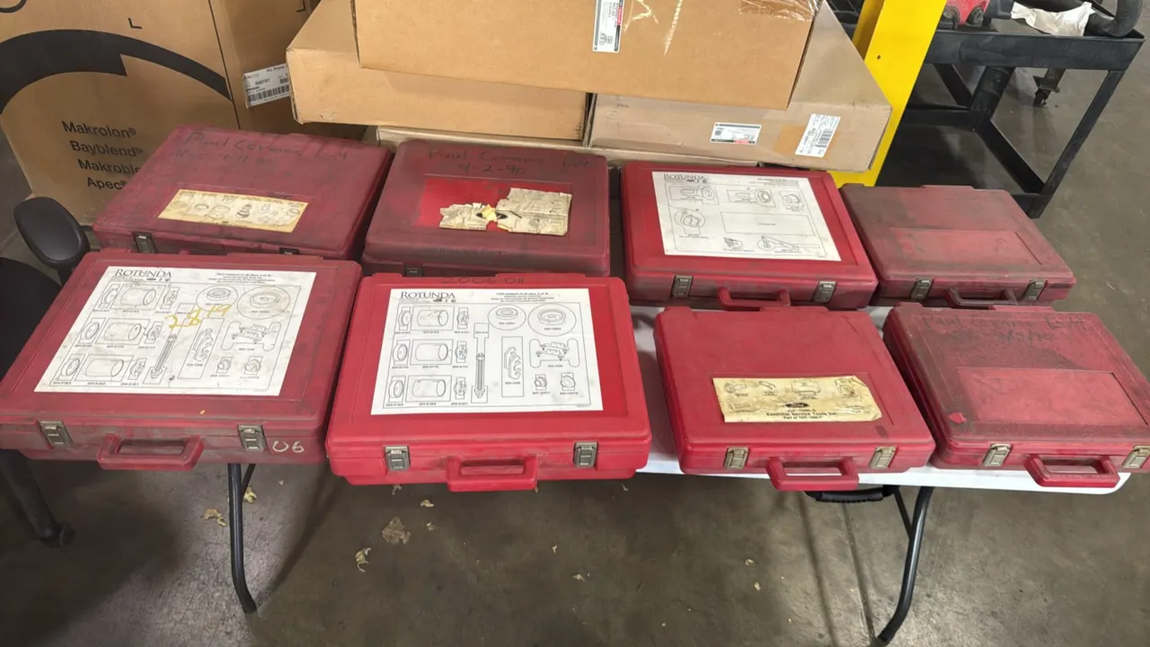 Ford Rotunda essential special service tool sets. Assorted kits include diagnostic harnesses, seal installers, bearing/bushing drivers, pullers, and a
