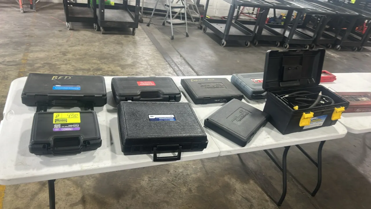 Assorted automotive specialty service tool sets. Includes Affinity brake adapter kit, OTC 5610 oil pressure kit, OTC 5693 wheel separator, Maddox exha