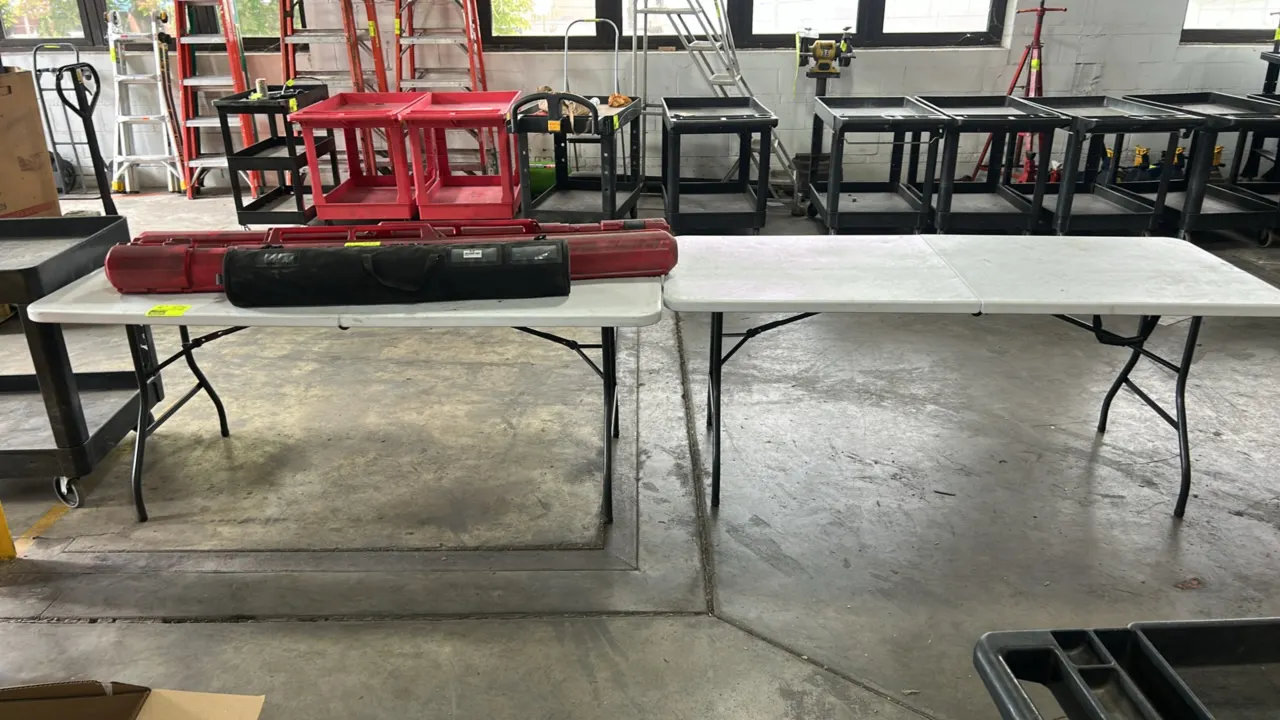 Cosco folding tables. Features white molded polyethylene tops with fold-in-half design and folding metal legs. Dimensions: 72"L x 30"W. Contents not i