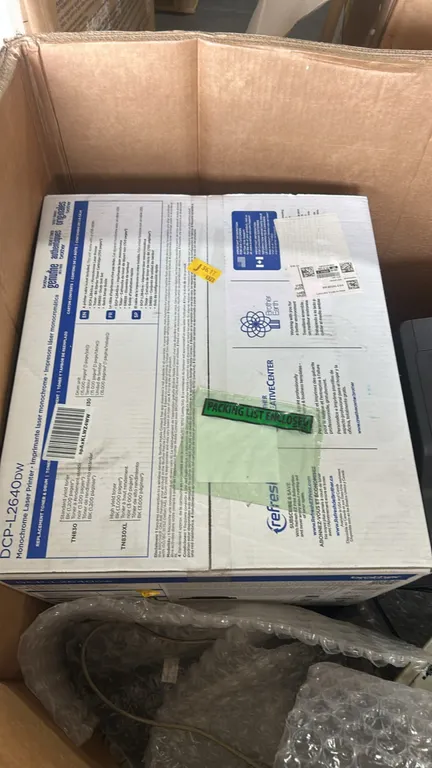 Office electronics lot. Includes Brother DCP-L2640DW monochrome laser printer in box, Brother MFC-L2700DW monochrome laser all-in-one printer, Fujitsu