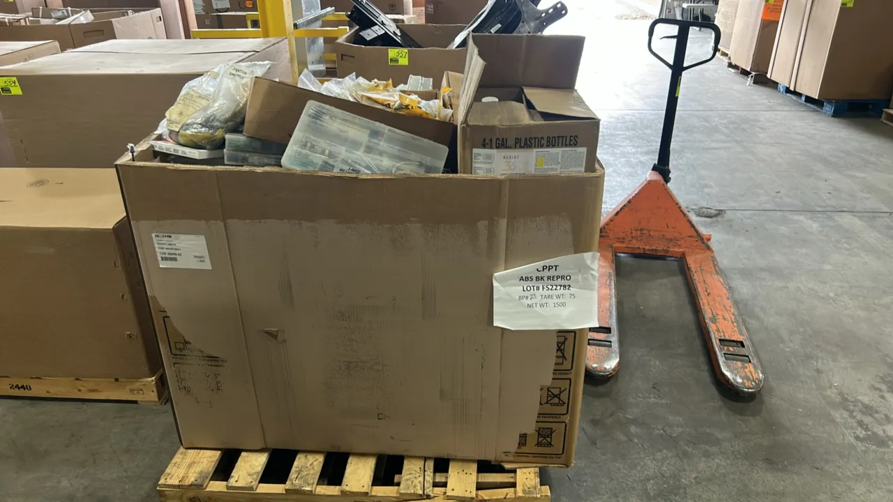 Package lot of automotive parts, fluids, and hardware in a Gaylord container. Includes SPX Kent-Moore J-46932 DDEC V harness repair kit organizers, Mo