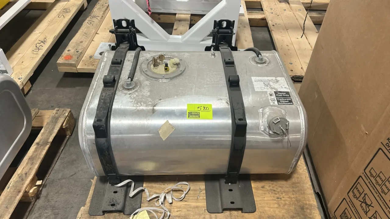 Ford FC44-9K007-CN aluminum semi-truck diesel fuel tank. Features filler neck with tethered cap, sending unit assembly, and dual frame-mounting bracke