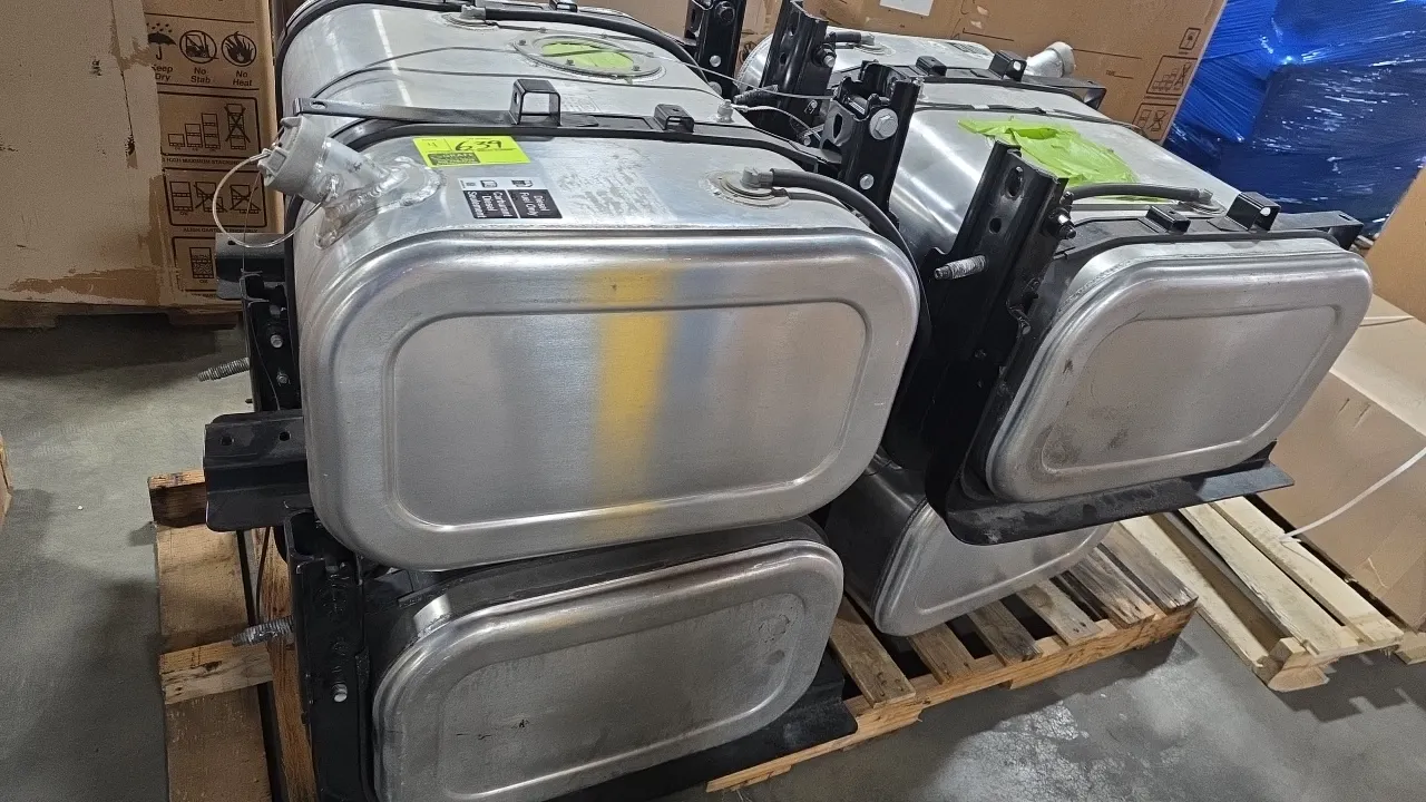 Ford FC44-9K007-CN side-mount aluminum diesel fuel tanks. Features 50-gallon capacity (47-gallon usable), filler necks with tethered caps, mounting br