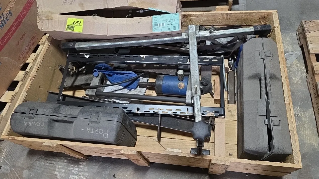 Assorted hydraulic tools and shop equipment lot. Includes OTC 4121A 30-ton hollow center hydraulic cylinder ram (2-1/2" stroke) with press frame, West