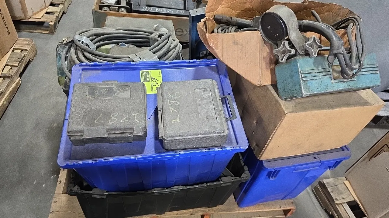 Pallet lot of assorted specialty tools and shop equipment. Includes Miller Spoolmatic 3 spool gun with lead, heavy-duty drop cord, OTC pressure tester