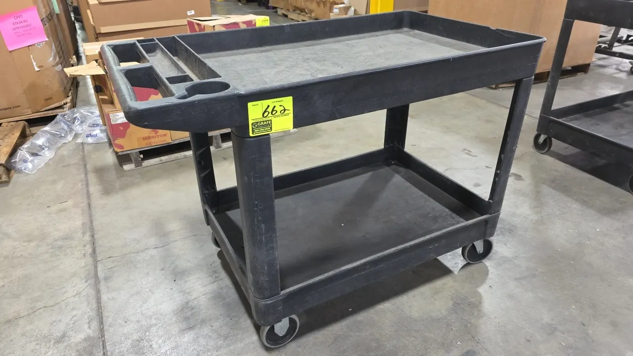 Poly 2-tier utility cart. Features (2) deep lipped tray shelves and integrated push handle with built-in organizer compartments and cup holder. 24.5"