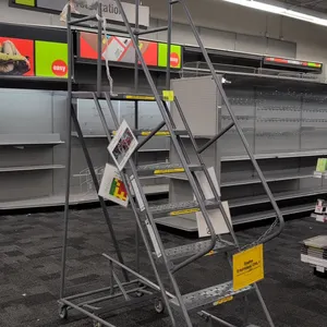 Tri-Arc steel warehouse rolling stock ladder. Features 7 steps with perforated slip-resistant treads, dual handrails, and a top platform with guardrai